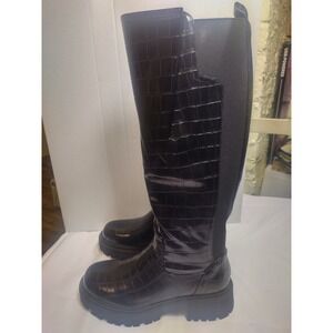 Black Croc Embossed Knee High Lug Sole Platform Boots TB805 women's 7.5